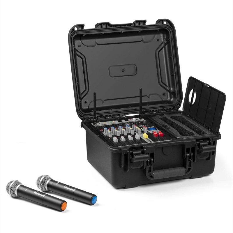 Ensemble mobile table de mixage 6 canaux amplifiée 2 x 600W, 2 x micro main UHF, flight case ABS