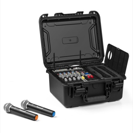 Ensemble mobile table de mixage 6 canaux amplifiée 2 x 600W, 2 x micro main UHF, flight case ABS