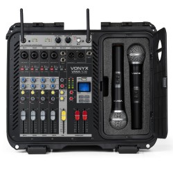 Ensemble mobile table de mixage 6 canaux amplifiée 2 x 600W, 2 x micro
