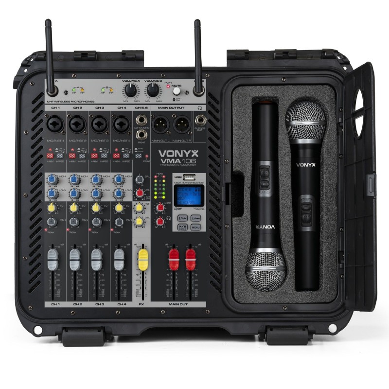 Ensemble mobile table de mixage 6 canaux amplifiée 2 x 600W, 2 x micro