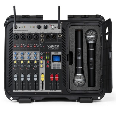 Ensemble mobile table de mixage 6 canaux amplifiée 2 x 600W, 2 x micro