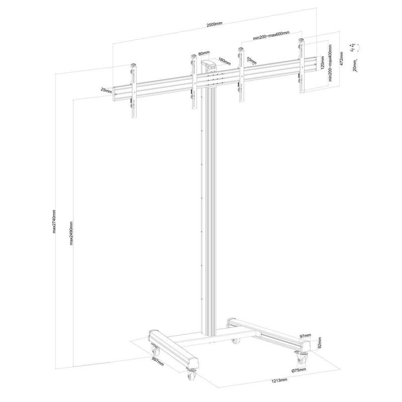 Support sur roulettes pour 2 écrans TV 43" - 49" Hauteur 240cm