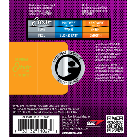 Elixir 11027 Nanoweb Bronze 80/20 Custom Light 11-52 sljmusic.com