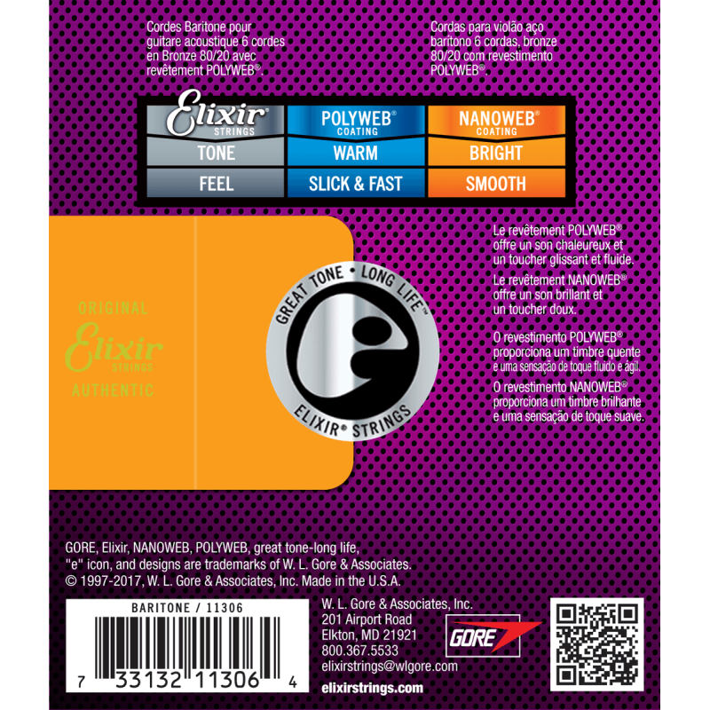 Elixir 11306 Nanoweb Bronze 80/20 Baryton 6 cordes 16-70 sljmusic.com