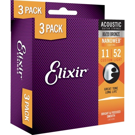 Elixir Pack 3 jeux Acoustic Nanoweb Bronze 80/20 11-52 Cu sljmusic.com