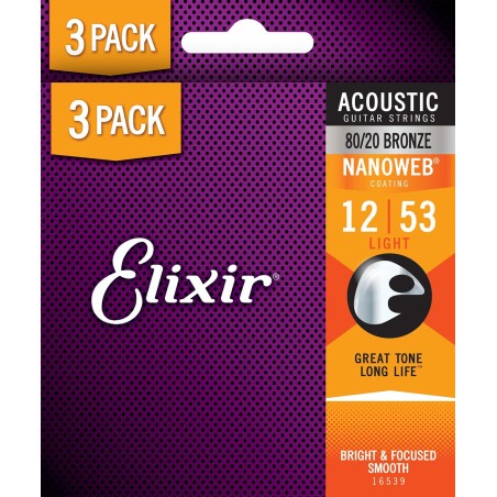 Elixir Pack 3 jeux Acoustic Nanoweb Bronze 80/20 12-53 Light