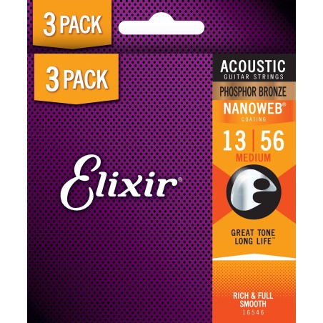 Elixir Pack de 3 jeux Acoustic Nanoweb 13-56 Medium