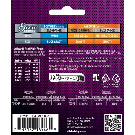 Elixir Pack de 3 jeux Acoustic Nanoweb 13-56 Medium sljmusic.com