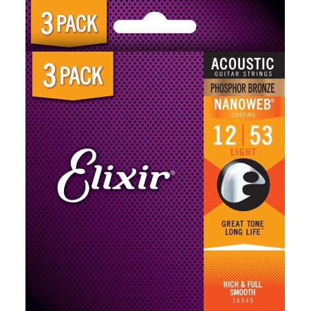 Elixir Pack 3 jeux Acoustic Phosphor Bronze 12-53 Light
