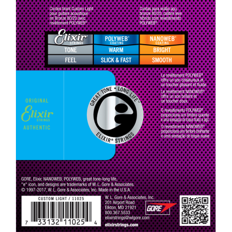 Elixir 11025 Polyweb Bronze 80/20 Custom Light 11-52 sljmusic.com
