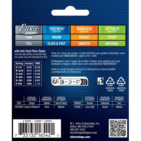 Elixir Pack de 3 jeux Electric Nanoweb 10-46 Light sljmusic.com