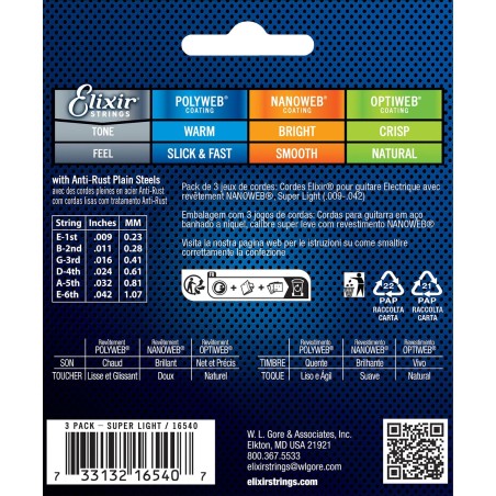 Elixir Pack de 3 jeux Electric Nanoweb 09-42 Extra Light sljmusic.com